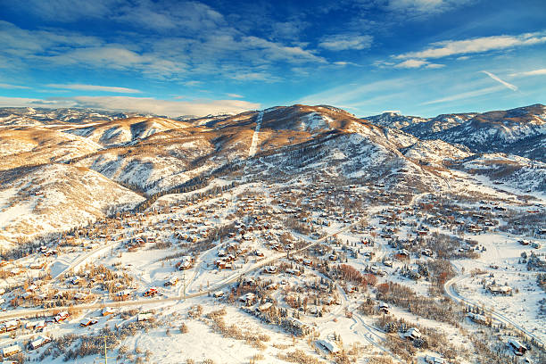 Winter town from midair Steamboat springs, colorado town from a hot air ballon midair. steamboat springs stock pictures, royalty-free photos & images