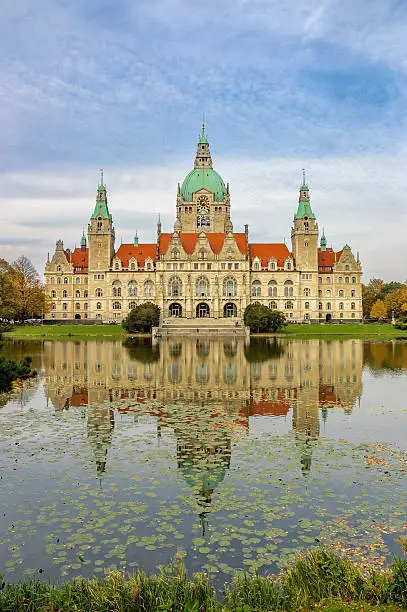 Historic town hall with pond in Hannover, Germany. 