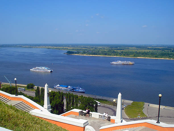 Ships on the Volga river. View from Chkalov stairs. View expiring in the distance plains. Nizhny Novgorod. Russia