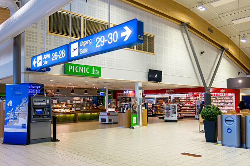 Evenes, Norway - March 3, 2015: Terminal with shops at Harstad Narvik Airport in Evenes, Norway