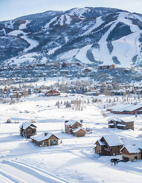 Steamboat Colorado winter Steamboat springs, colorado town from a hot air ballon midair. steamboat springs photos stock pictures, royalty-free photos & images