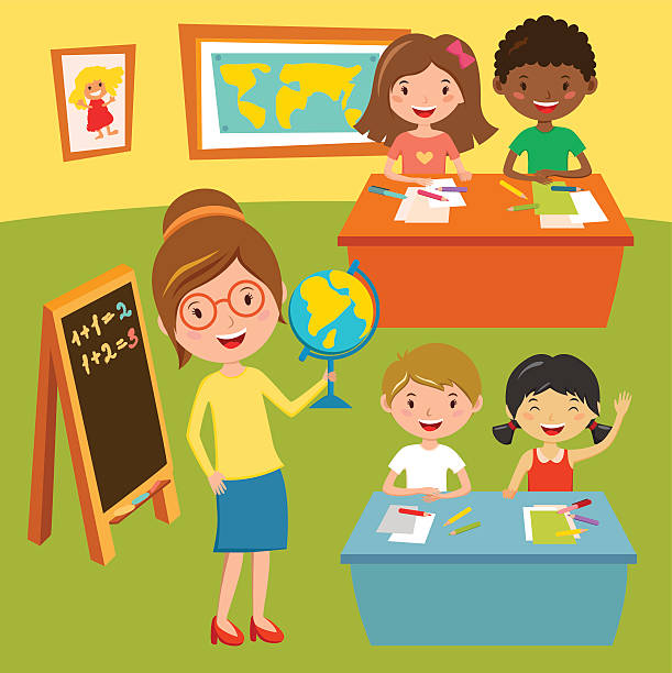 Crianças Escola Ilustração De Lições De Geografia. Professor