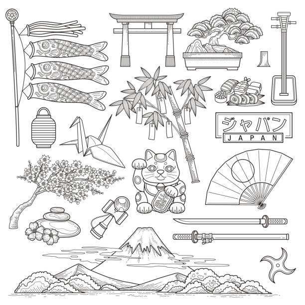 illustrazioni stock, clip art, cartoni animati e icone di tendenza di giappone elementi collezione viaggio - maneki neko