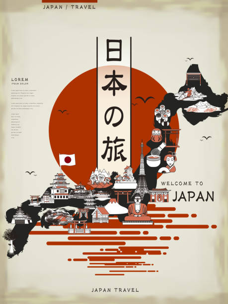 Japan travel map design retro Japan travel map design with attractions - Japan travel in Japanese words daruma stock illustrations