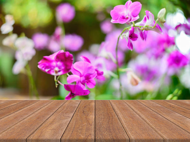 istock Wooden board empty table blurred flower background. 503617378