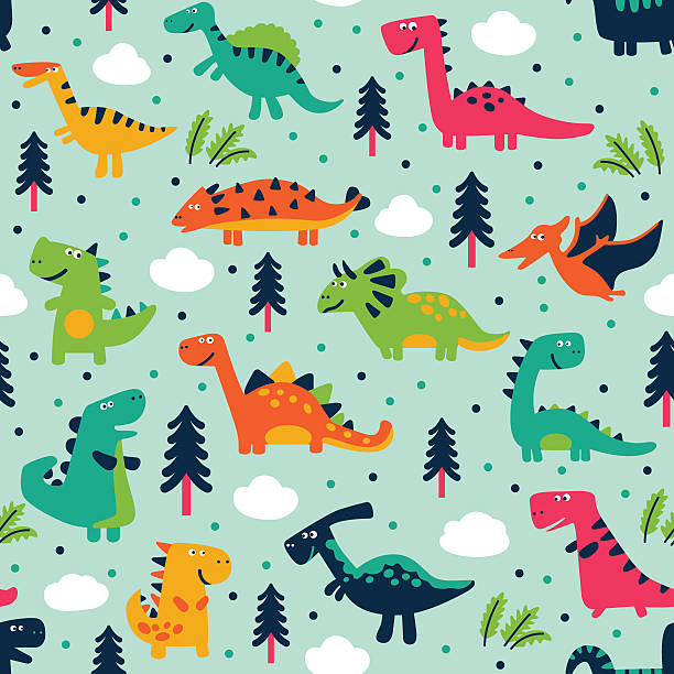 ilustraciones, imágenes clip art, dibujos animados e iconos de stock de encantadores patrón sin costuras con nubes y los árboles, funny dinosaurios - child preschool backgrounds baby
