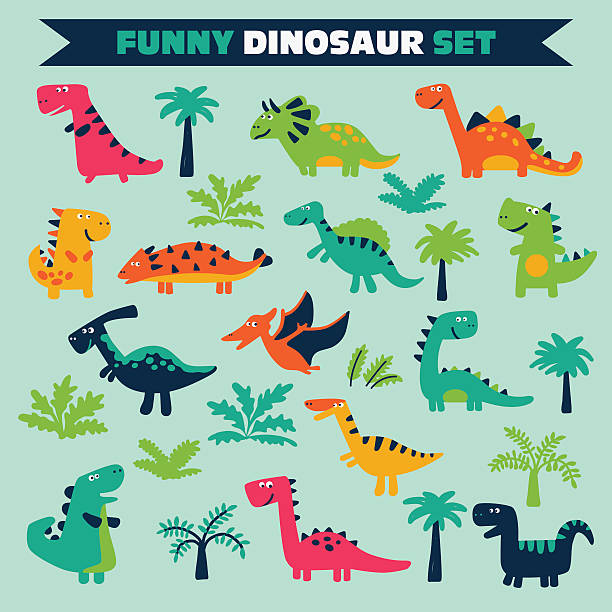 hinreißende set mit bäumen und lustige dinosaurier in comic-stil - baby congratulating toy birthday stock-grafiken, -clipart, -cartoons und -symbole