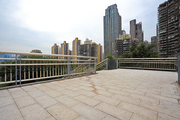 istock Modern city buildings background with empty road floor 503619748
