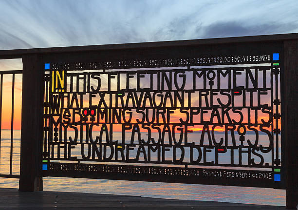 Laguna Beach, California, January 1, 2016: Stained glass fence at Brown’s Park by artist Raymond Persinger in Laguna Beach, California at sunset. Editorial use only.