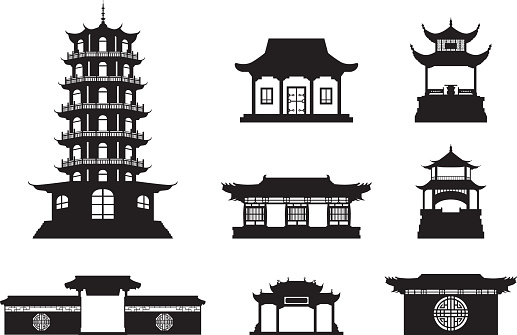 Silhouette Chinese architecture shape set on isolated