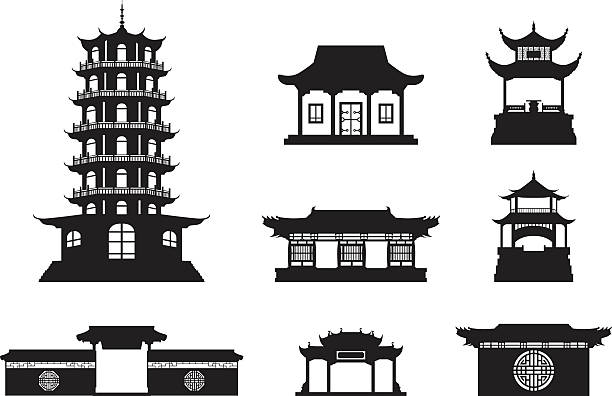 Silhouette Chinese architecture Silhouette Chinese architecture shape set on isolated temple building stock illustrations