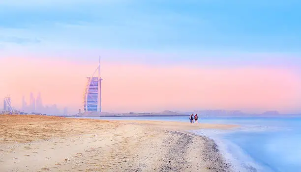 Burj Al Arab view from the Jumeirah beach, in early morning. Dubai - United Arab Emirates.
