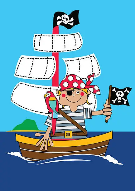 Vector illustration of Pirate boy sailing on ship with parrot