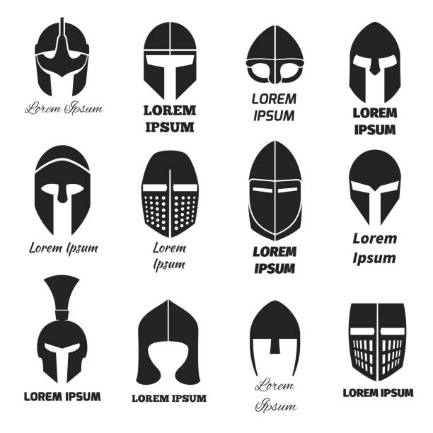 ilustrações, clipart, desenhos animados e ícones de guerreiro capacetes preto ou logotipos conjunto de ícones do vetor - roman army isolated on white classical greek