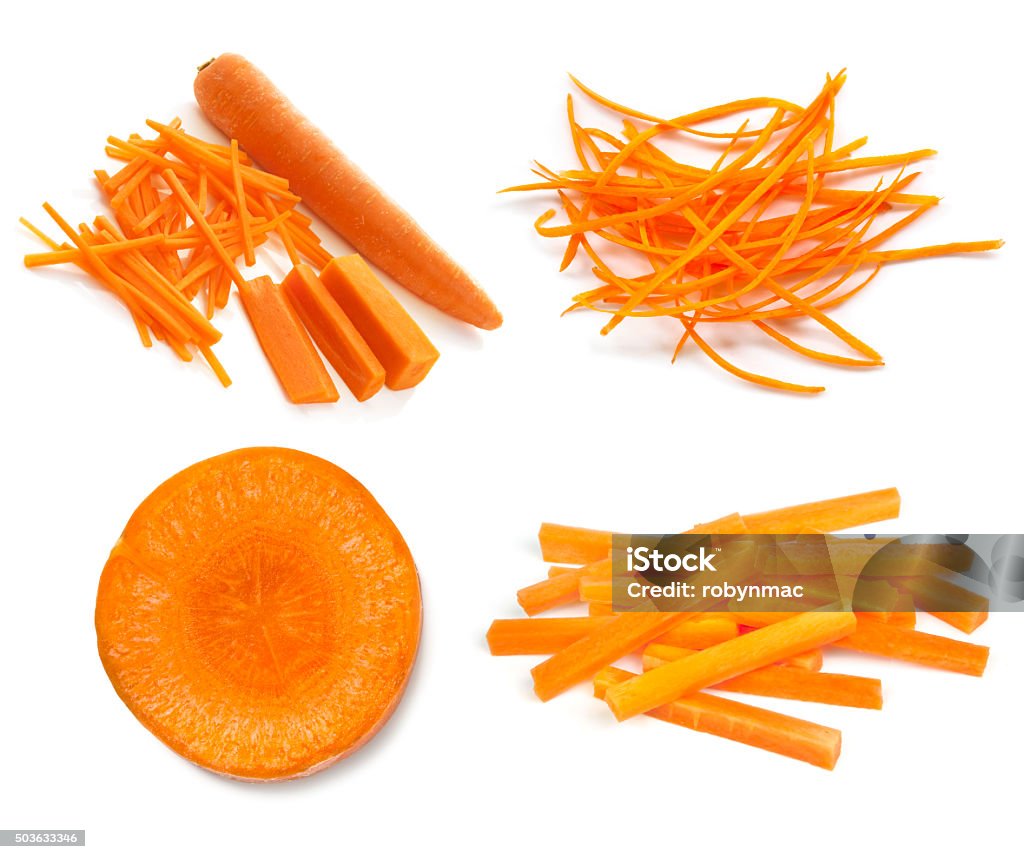 Carrots Collection Isolated on White Carrots collection isolated on white.  Whole and cut, sticks, slices, and julienned. Carrot Stock Photo