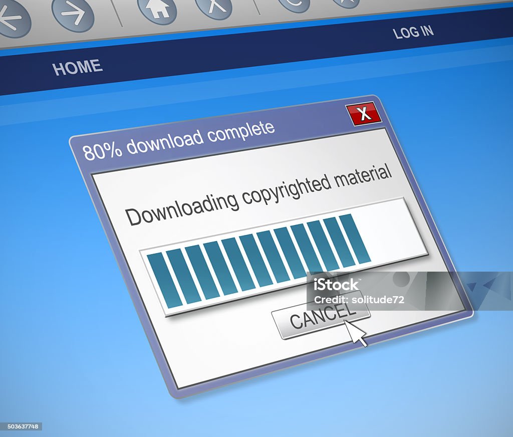 Downloading copyrighted material concept. Illustration depicting a computer dialog box with a downloading copyrighted material concept. Intellectual Property Stock Photo