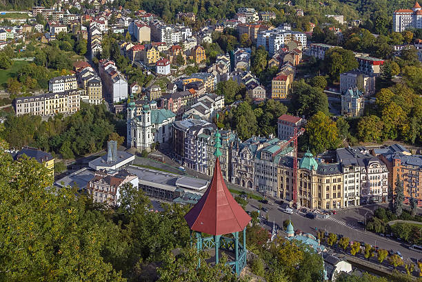 View of Karlovy Vary city center from hill, Czech republic
