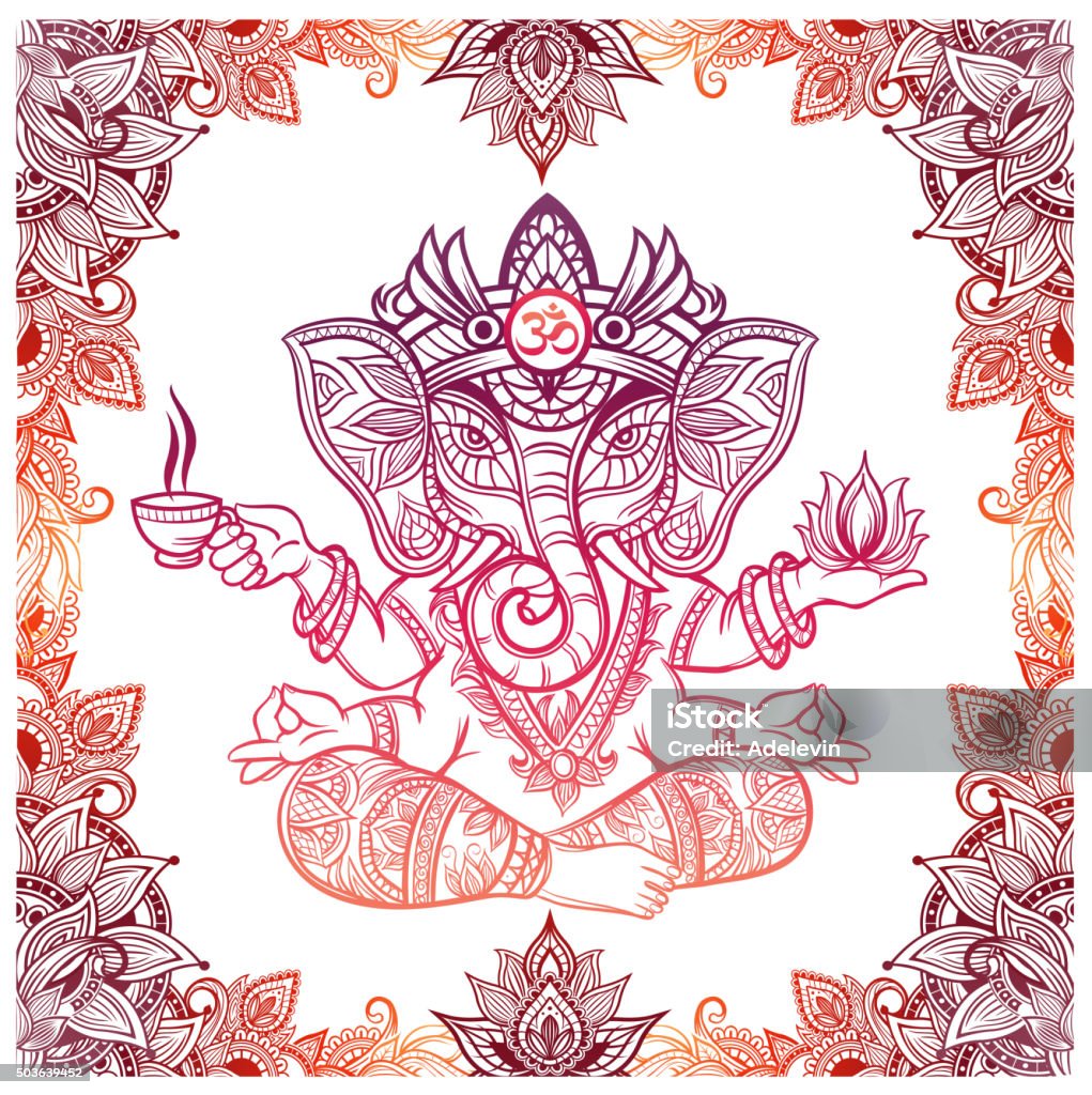 Hindu Elephant God with lotus and tea Ganesh Hindu Elephant God in Padmasana Lotus Pose with tea and lotus in hands. Easy to use eps 8 vector. Ganesha stock vector