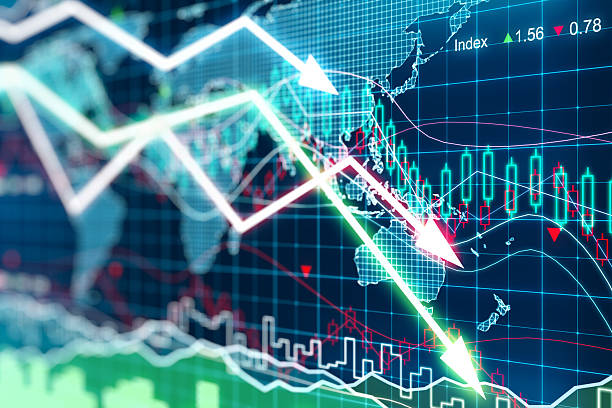 diagramme d'affaires avec des flèches répondant à la baisse - banking finance stock market investment photos et images de collection