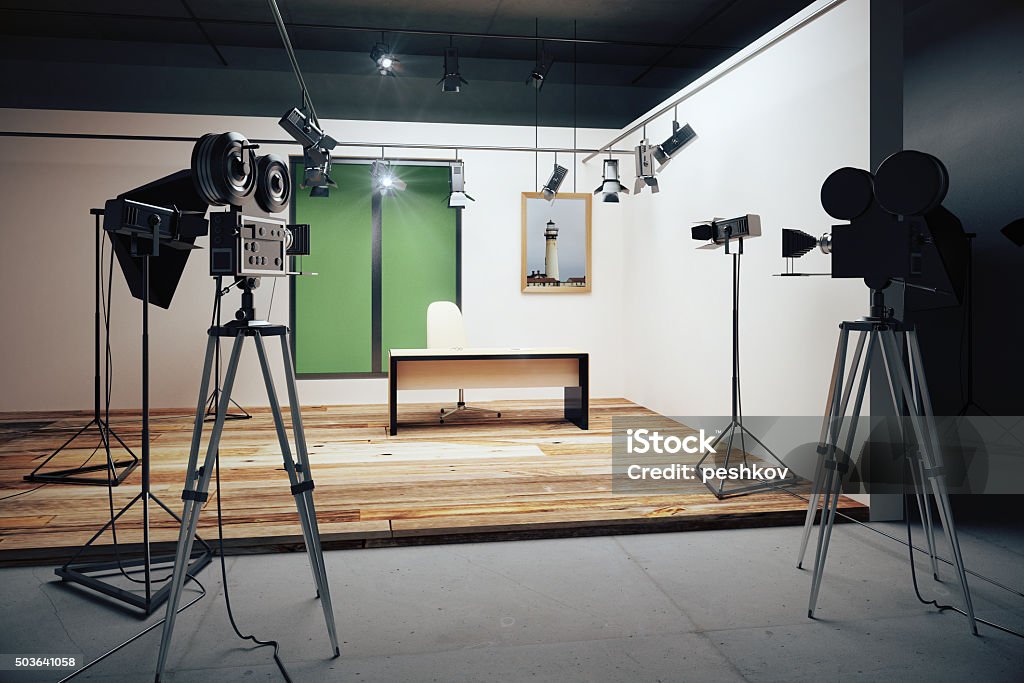 Film studio office decorations with vintage movie cameras Studio Shot Stock Photo