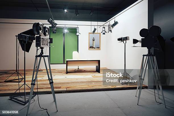 Film Studio Office Decorations With Vintage Movie Cameras Stock Photo - Download Image Now