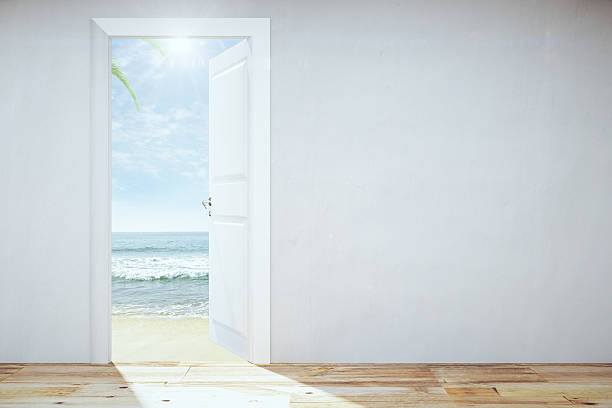 istock Opened door to a heaven with beach and ocean view 503641352