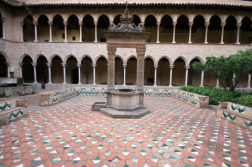 Gothic cloister of Pedralbes Monastery in Catalonia, Barcelona, Spain
