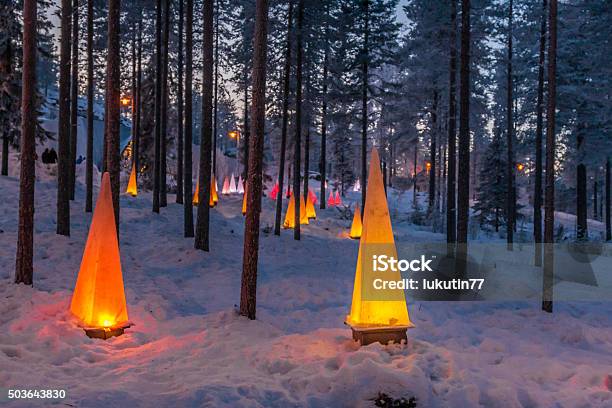 Winter Scene With Flashlights Stock Photo - Download Image Now - Christmas, Skiing, Levi - Finland