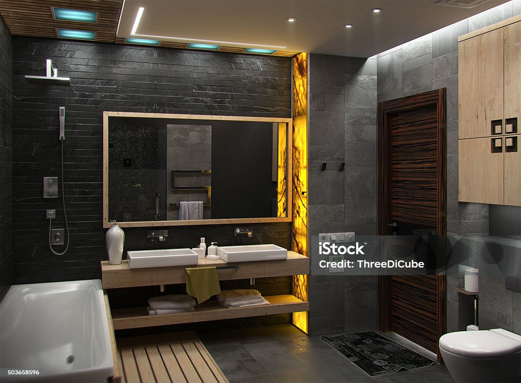 Salle de bains design intérieur minimaliste, rendu 3D - Photo de Illumination libre de droits