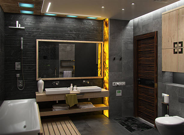 bagno minimalista, render 3d interni, - tile bathroom tiled floor marble foto e immagini stock