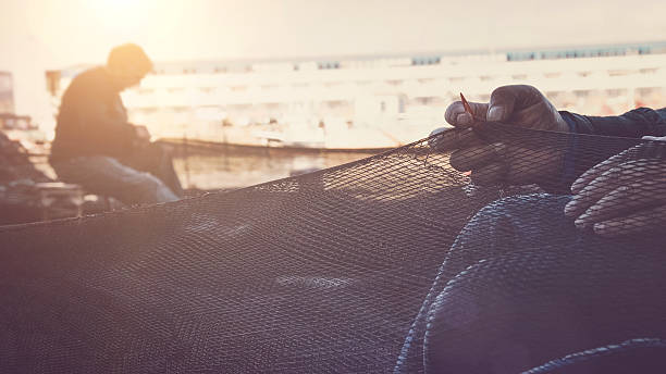 fischer bei der arbeit und reinigung der nets - fishermen harbor stock-fotos und bilder