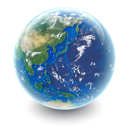 Earth globe focused on Asia. Realistic topographical lands and oceans with bathymetry. 3D object isolated on white background. Elements of this image furnished by NASA.