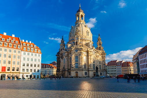 Lutheran church of Our Lady aka Frauenkirche with market place  in the morning in Dresden, Saxony, Germany