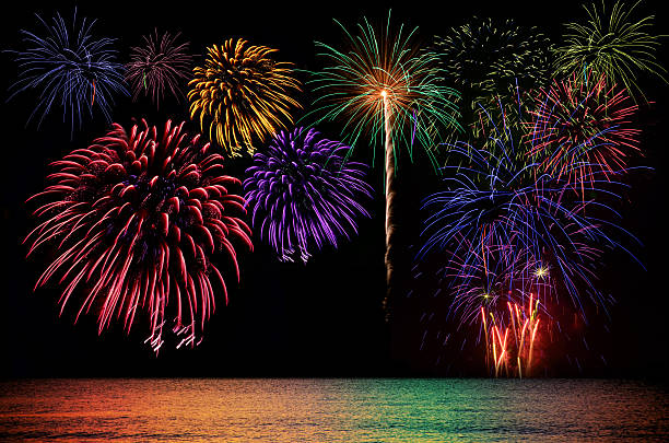istock Fireworks celebration and the city night light background. 503660852