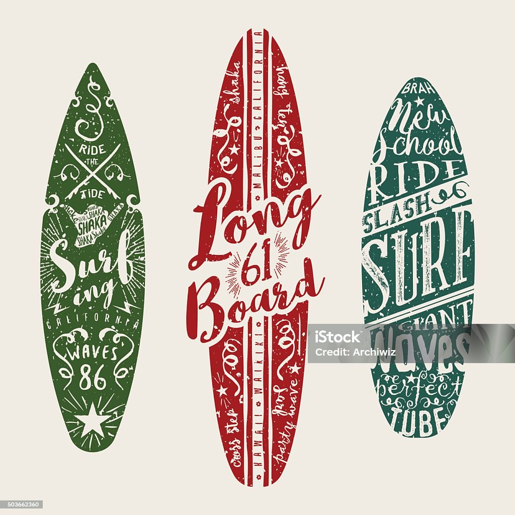 Vektor-Meer-Grafiken. Typografischer eingerichteten surfboards. - Lizenzfrei Surfen Vektorgrafik