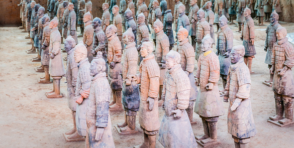 A corner of the Terracotta Warriors in the Mausoleum of Emperor Qin Shi Huang, Xi'an, Shaanxi Province, China