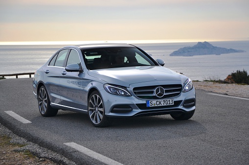 Marseille, France - March, 24th, 2014: First test drive of a new luxury sedan Mercedes C-Class W205 (D-segment) at international press launch. It is the most popular Mercedes model in Europe. Mercedes produced more than 2,2 million C-Class cars of the previous generation.