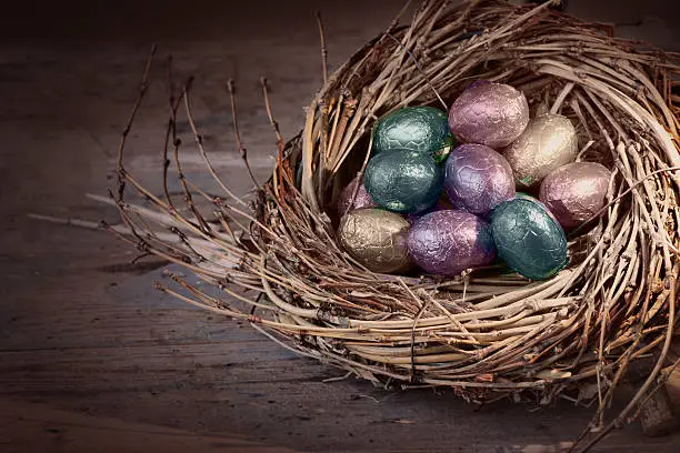 Easter basket with chocolate eggs - nostalgic