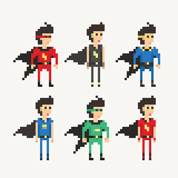 pixel человек-плащ супергероя - pixelated people retro revival video game stock illustrations