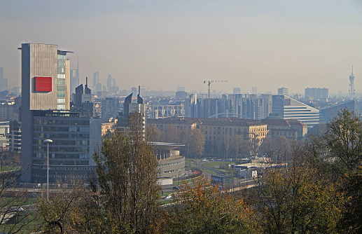 aerial view of Milan from hill in parco Montestella, Italy