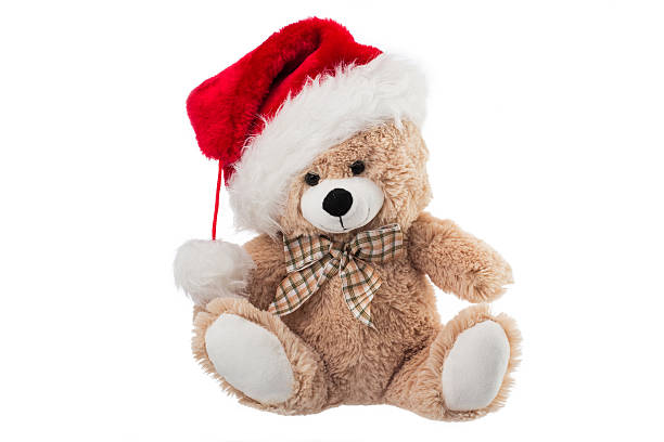 istock Fluffy teddy bear with Christmas hat isolated on white 503665874