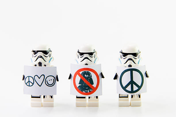 Stomtrooper anti war. Nonthaburi, Thailand - December 31, 2015: The lego Star Wars mini figures from movie series on isolated white background, Lego is an interlocking brick system collected around the world by adults and children. star wars stock pictures, royalty-free photos & images