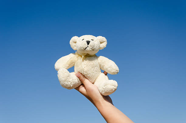 istock fluffy teddy bear in hand on blue sky background 503670151