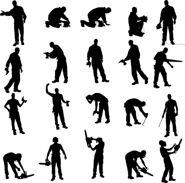 ilustrações de stock, clip art, desenhos animados e ícones de vetor silhueta de um povo. - construction worker silhouette people construction