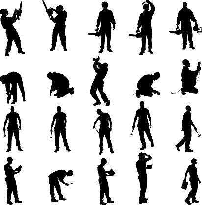 Vector silhouette of a people working with tools on a white background.