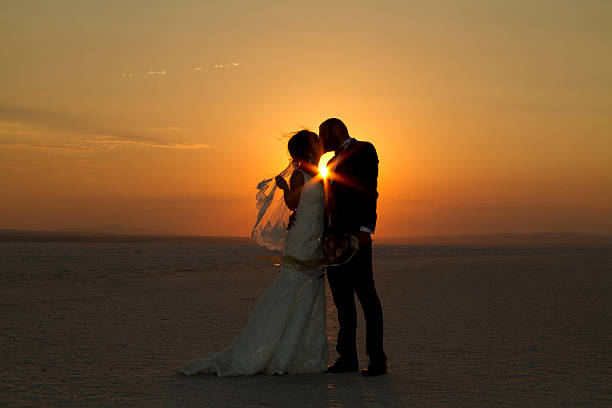 istock Bride and groom kissing on snow 503676389