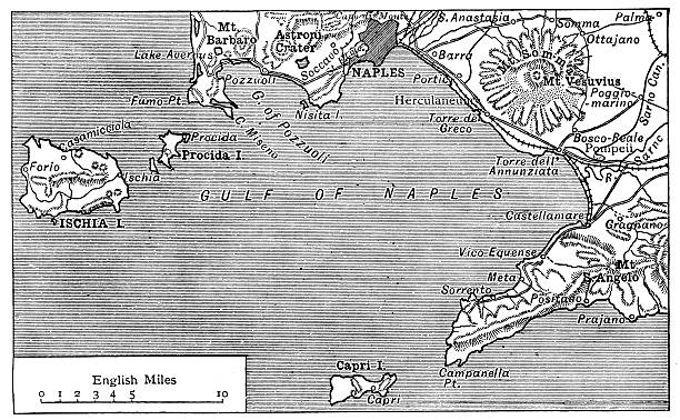 illustrazioni stock, clip art, cartoni animati e icone di tendenza di antica mappa del golfo di napoli - ischia