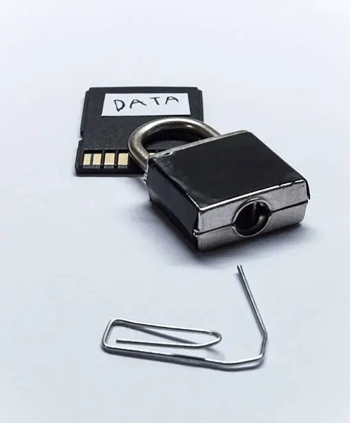 Photo of Lock Picking Padlock over a 'Data' Memory/SD Card Front View