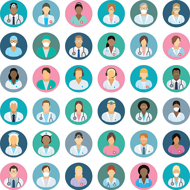 ilustraciones, imágenes clip art, dibujos animados e iconos de stock de personal de la clínica: iconos de personas - doctor healthcare and medicine nurse team