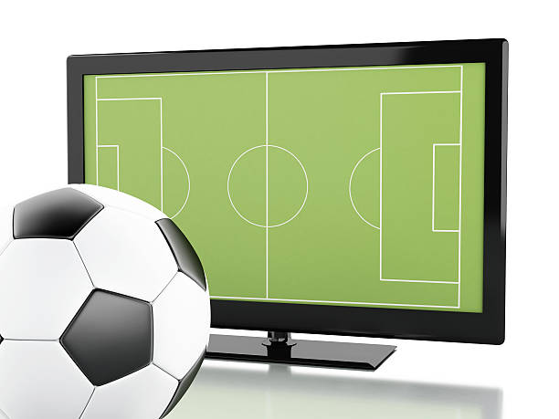 istock 3d Tv screen with soccer field and ball 503682340